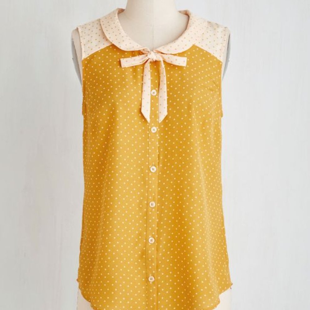 Modcloth Mustard Yellow Polka Dot Sleeveless Blouse with Cream Collar